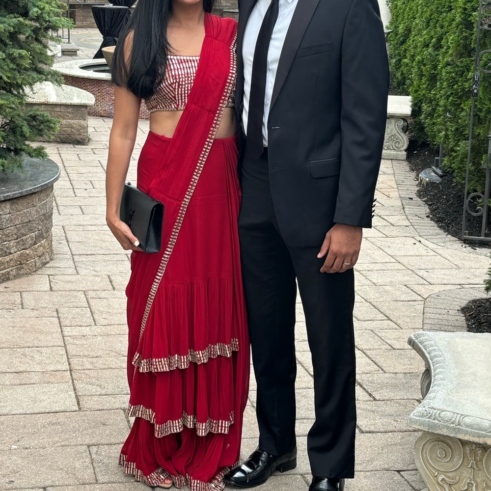 Pre draped red ruffle lengha sari